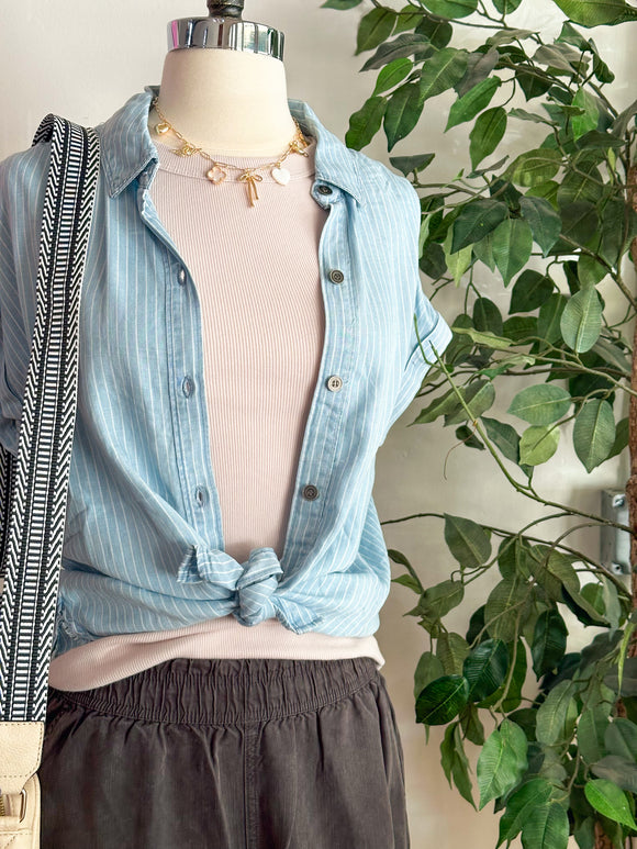 Becca Striped Chambray Top - Light Blue-Top-Carolyn Jane's Jewelry