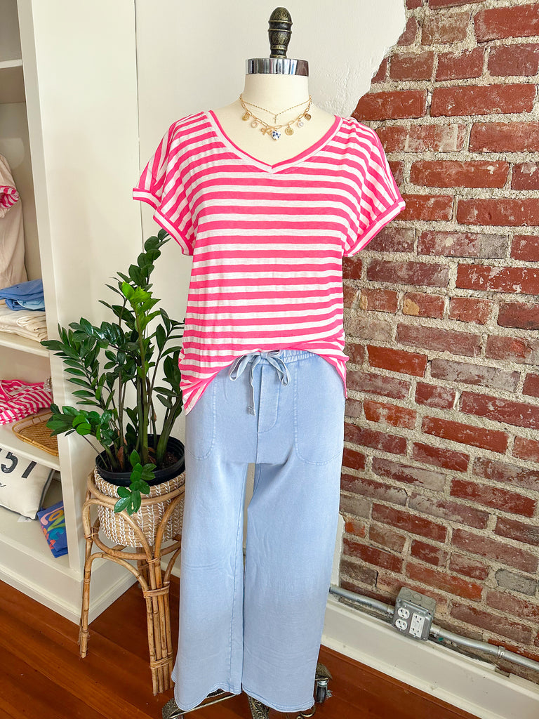 Breezy White and Hot Pink Stripe V-Neck Top-top-Carolyn Jane's Jewelry