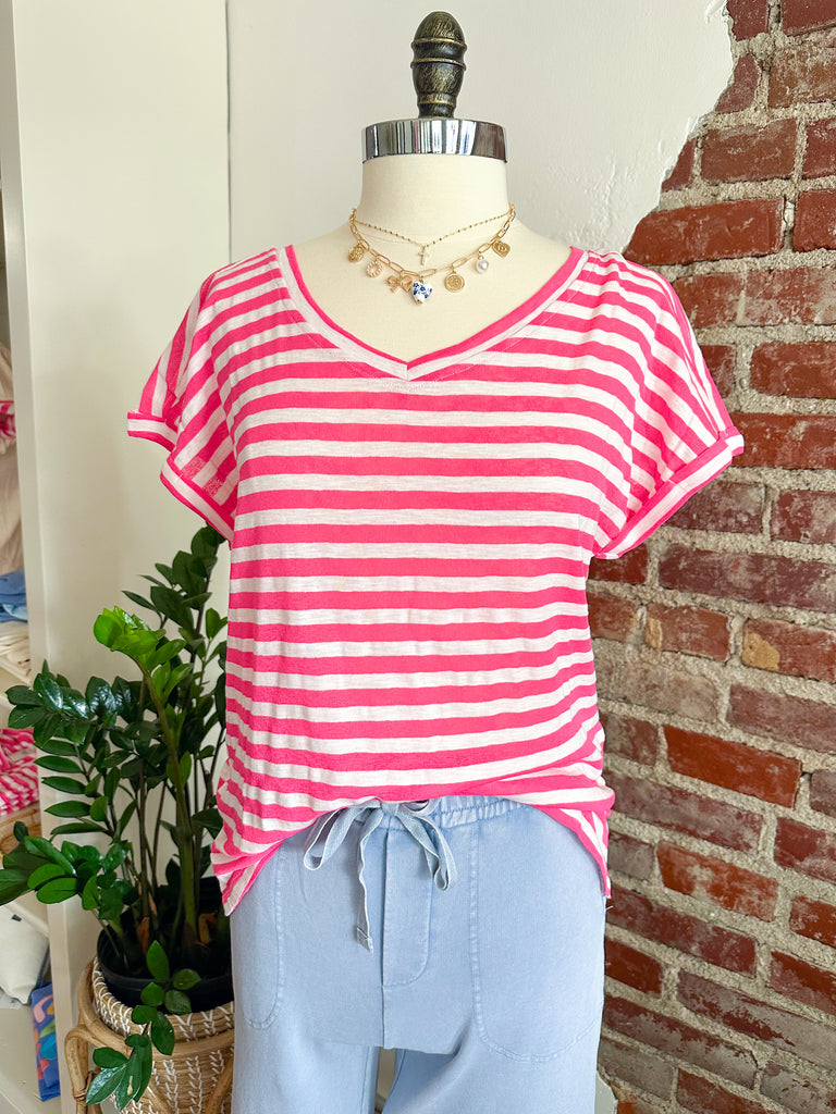 Breezy White and Hot Pink Stripe V-Neck Top-top-Carolyn Jane's Jewelry