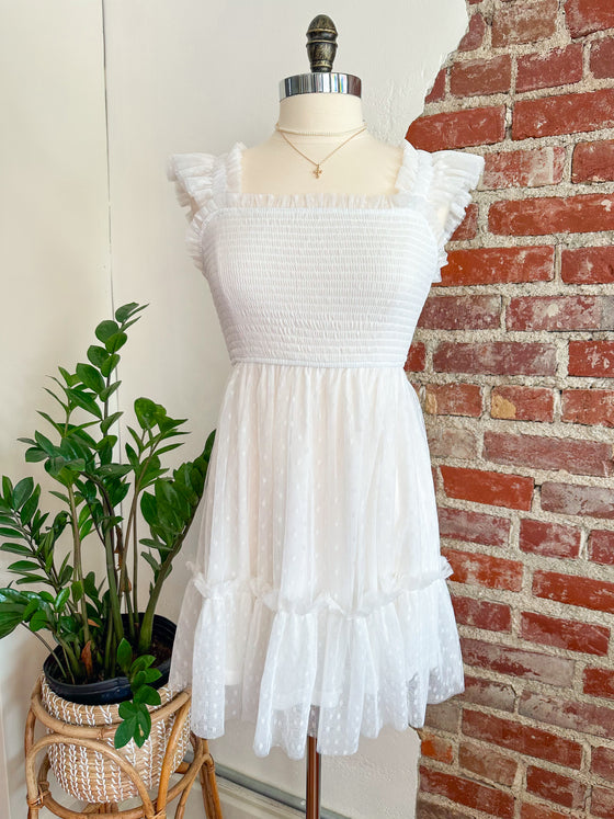 Charlette Polka Dot Chiffon Smocked Tiered Mini Dress - White-Dress-Carolyn Jane's Jewelry