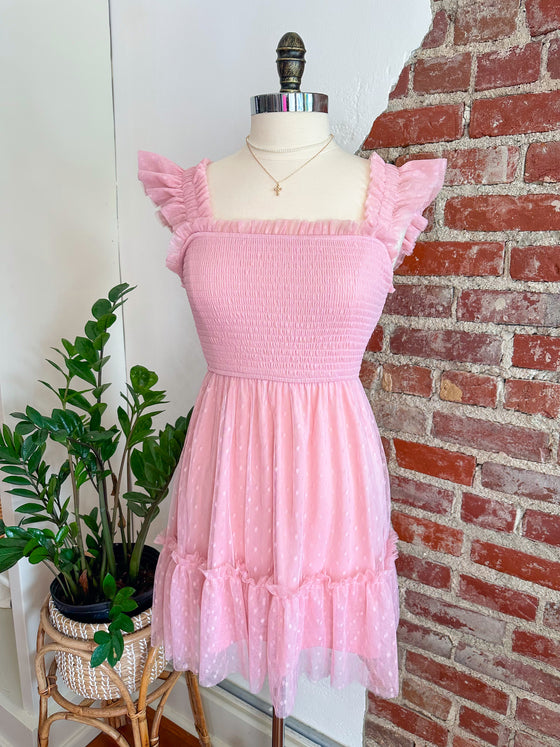 Charlette Polka Dot Chiffon Smocked Tiered Mini Dress - pink-Dress-Carolyn Jane's Jewelry