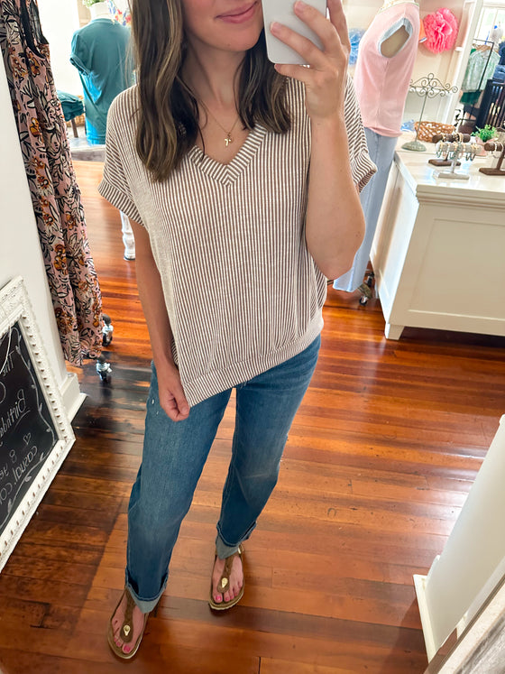 Charlie V-Neck Ribbed Top - Taupe-top-Carolyn Jane's Jewelry