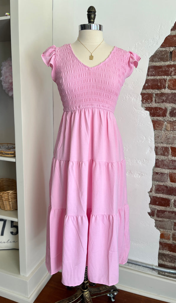 Ella Flutter Sleeve Spring Dress - Pink-dress-Carolyn Jane's Jewelry