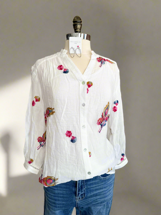 Eva Button Front Embroidery Blouse - White-blouse-Carolyn Jane's Jewelry