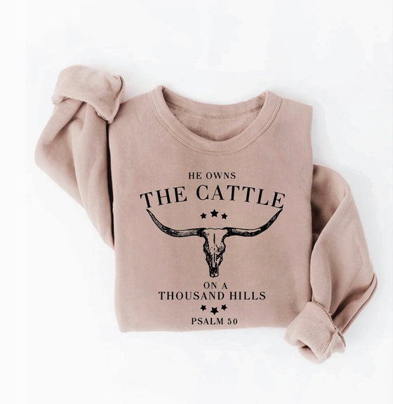 He Owns The Cattle Graphic Sweatshirt - Tan-Sweatshirt-Carolyn Jane's Jewelry