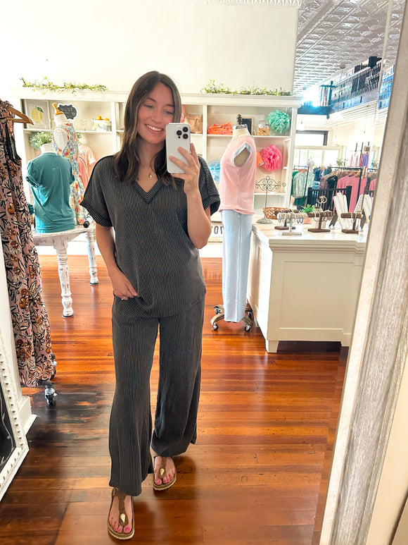 Jenna Ribbed Pull On Pants - Charcoal-PANTS-Carolyn Jane's Jewelry