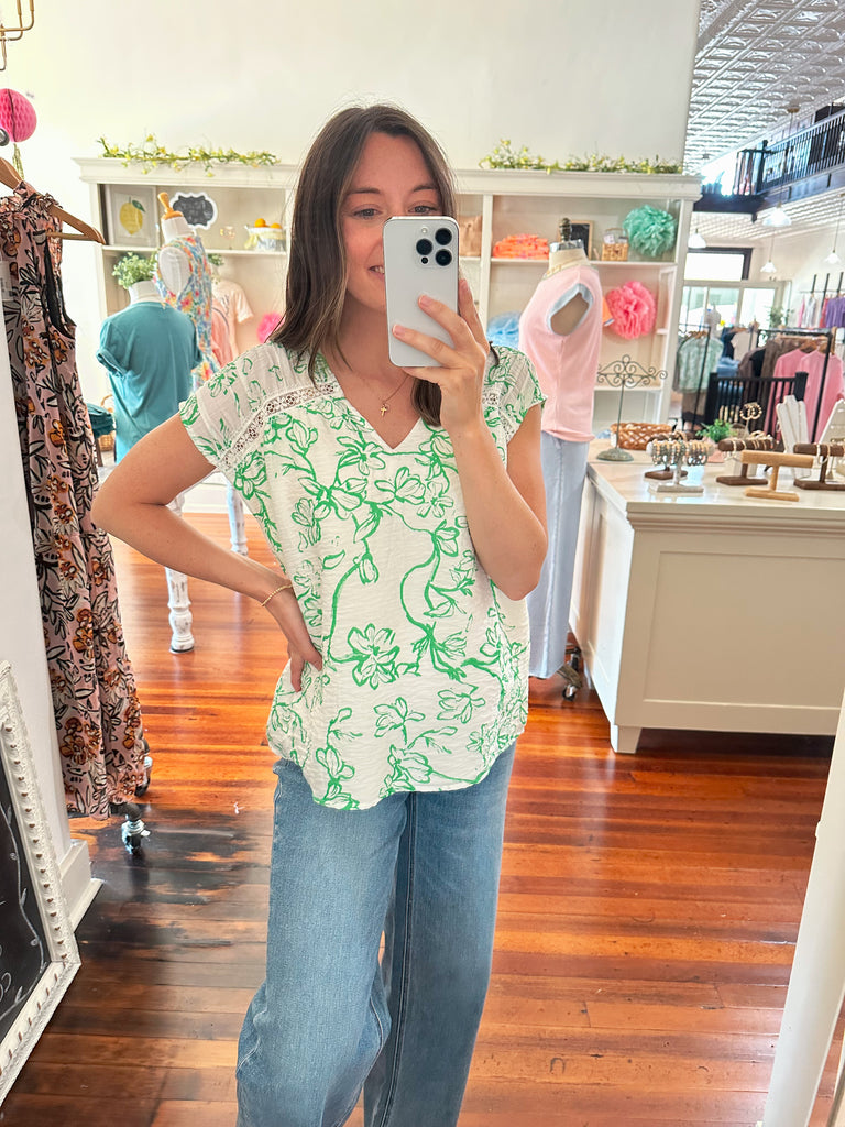 Jody Floral Top in White and Green-top-Carolyn Jane's Jewelry