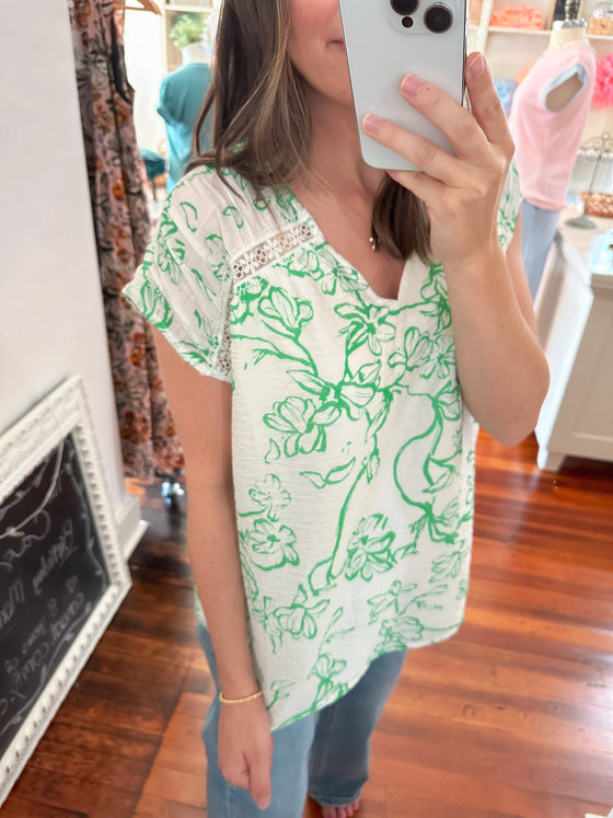Jody Floral Top in White and Green-top-Carolyn Jane's Jewelry