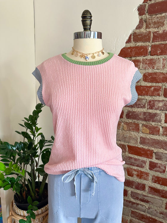 Kai Color Block Ribbed Cap Sleeve Top - Pink-Top-Carolyn Jane's Jewelry