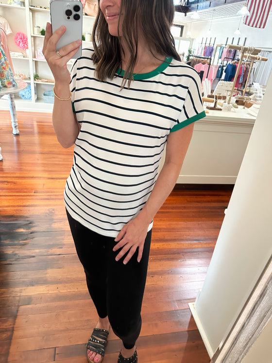 Leah Stripped Color Trimmed Top - Ivory and Green-Top-Carolyn Jane's Jewelry