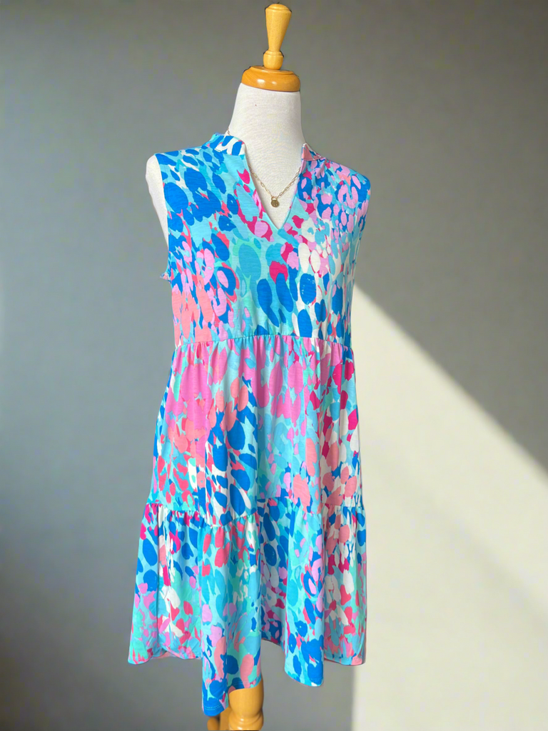 Lily Wrinkle Free Sleeveless Dress - Aqua Multi Color-DRESS-Carolyn Jane's Jewelry