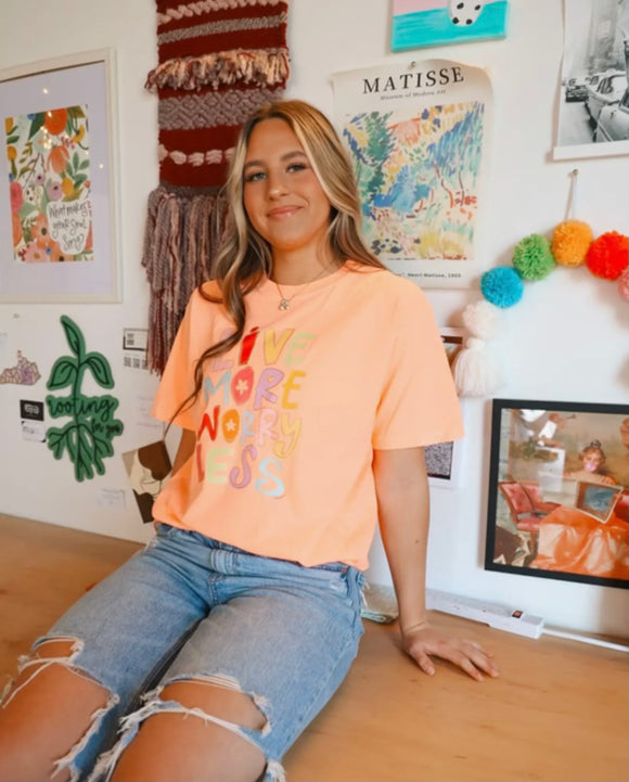 Live More Worry Less T-Shirt - Neon Cantaloupe-t-shirt-Carolyn Jane's Jewelry