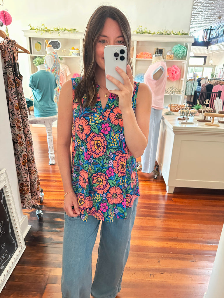 Lola Floral Sleeveless Top - Blue-Top-Carolyn Jane's Jewelry