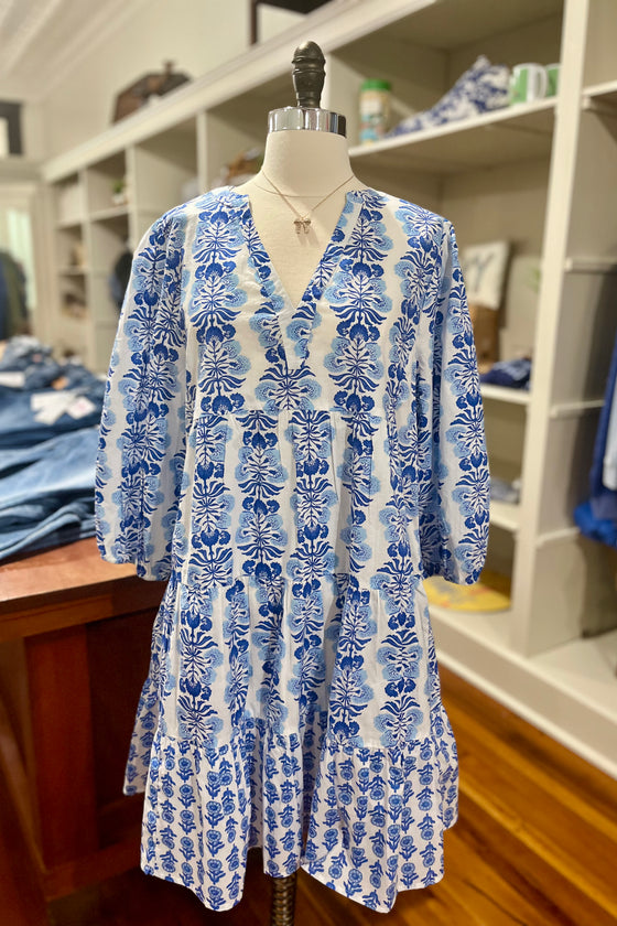 Pace Tunic Tiered Dress - White and Blue-dress-Carolyn Jane's Jewelry