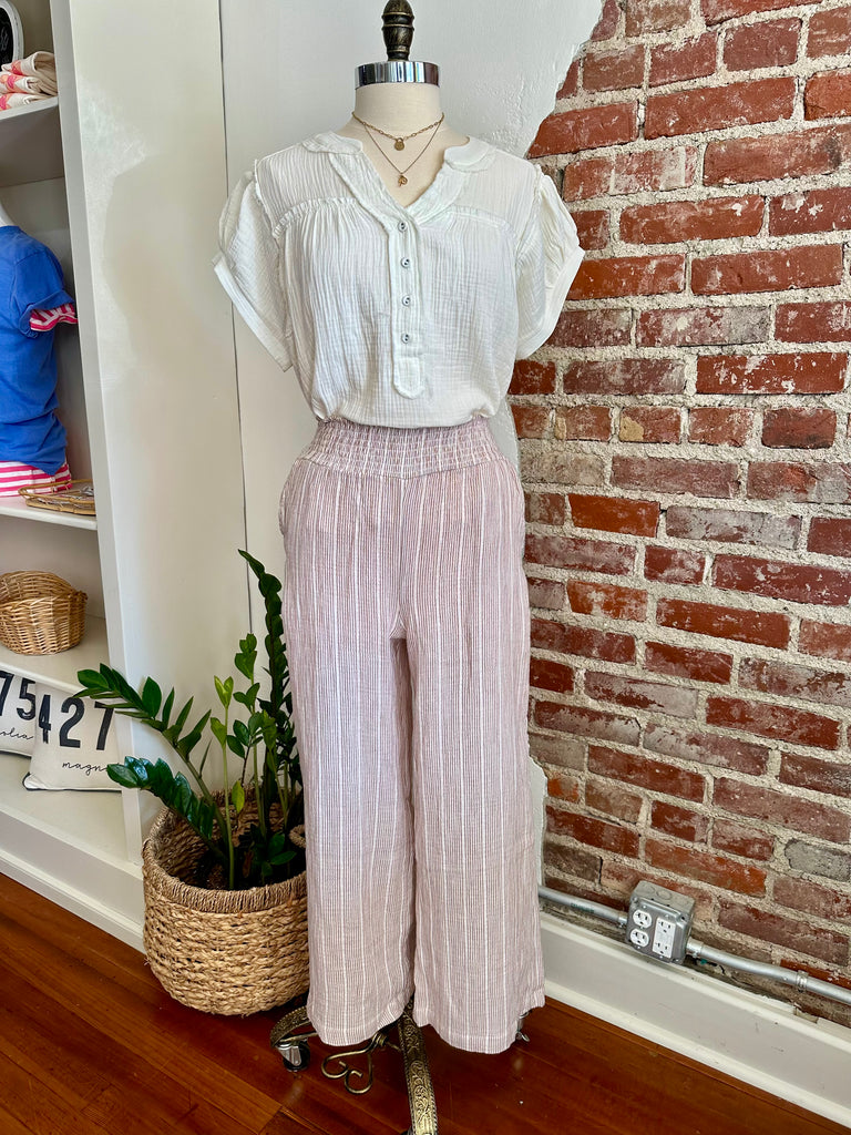 River Pinstriped Gauze Wide Leg - Rust-PANTS-Carolyn Jane's Jewelry