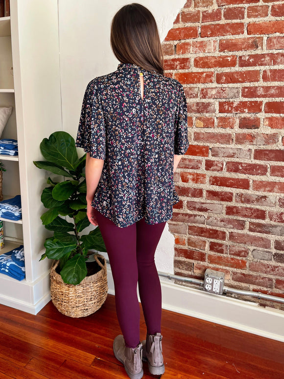 Animal Print Ruffle Mock Neck Knit Blouse in Navy-Top-Carolyn Jane's Jewelry