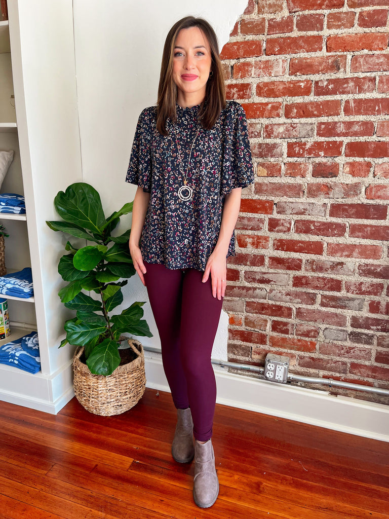 Animal Print Ruffle Mock Neck Knit Blouse in Navy-Top-Carolyn Jane's Jewelry