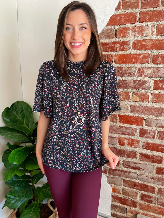 Animal Print Ruffle Mock Neck Knit Blouse in Navy-Top-Carolyn Jane's Jewelry