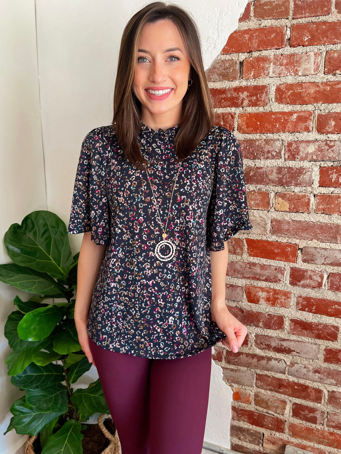 Animal Print Ruffle Mock Neck Knit Blouse in Navy-Top-Carolyn Jane's Jewelry