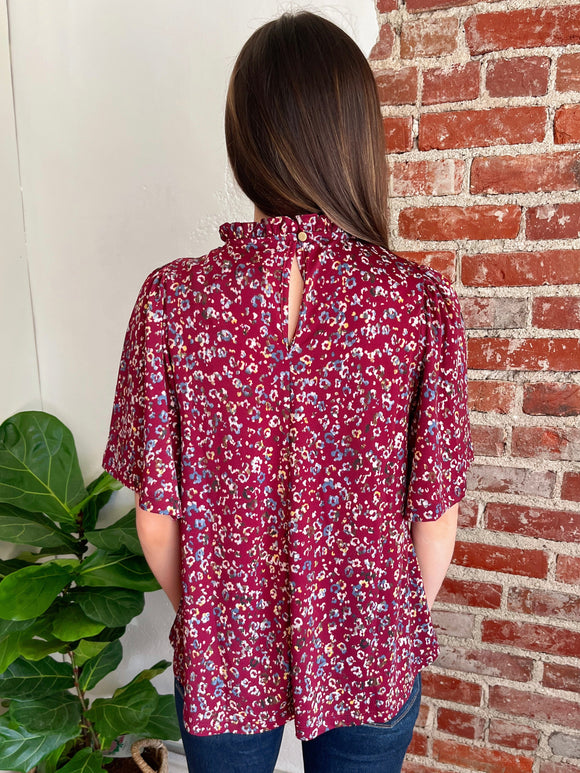 Animal Print Ruffle Mock Neck Top in Burgundy-Top-Carolyn Jane's Jewelry