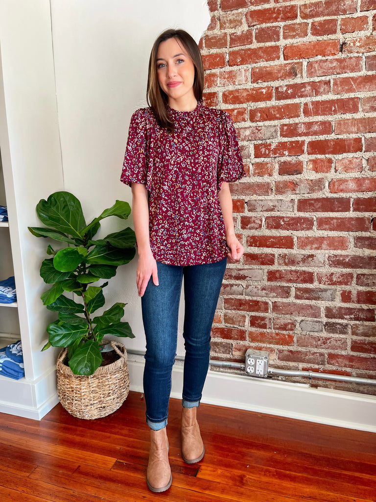 Animal Print Ruffle Mock Neck Top in Burgundy-Top-Carolyn Jane's Jewelry