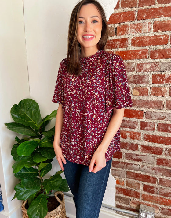 Animal Print Ruffle Mock Neck Top in Burgundy-Top-Carolyn Jane's Jewelry