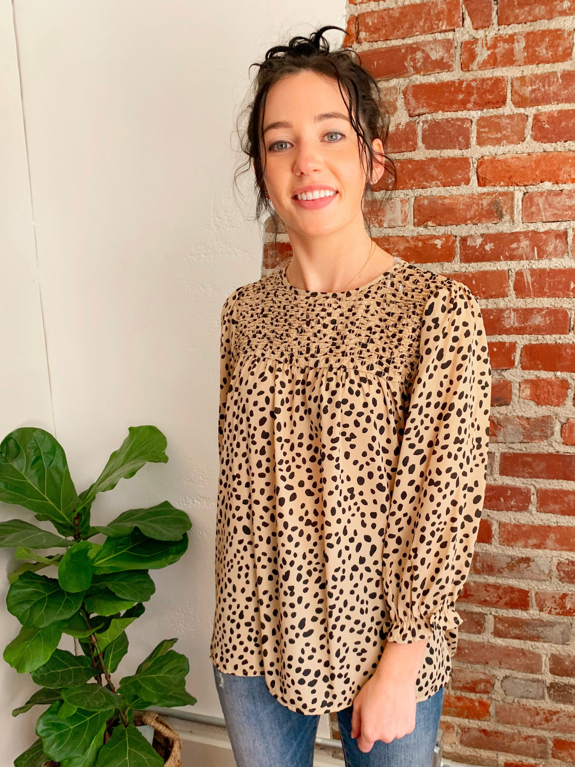 Animal Print Smocked Top 3/4 Length Sleeve-Top-Carolyn Jane's Jewelry