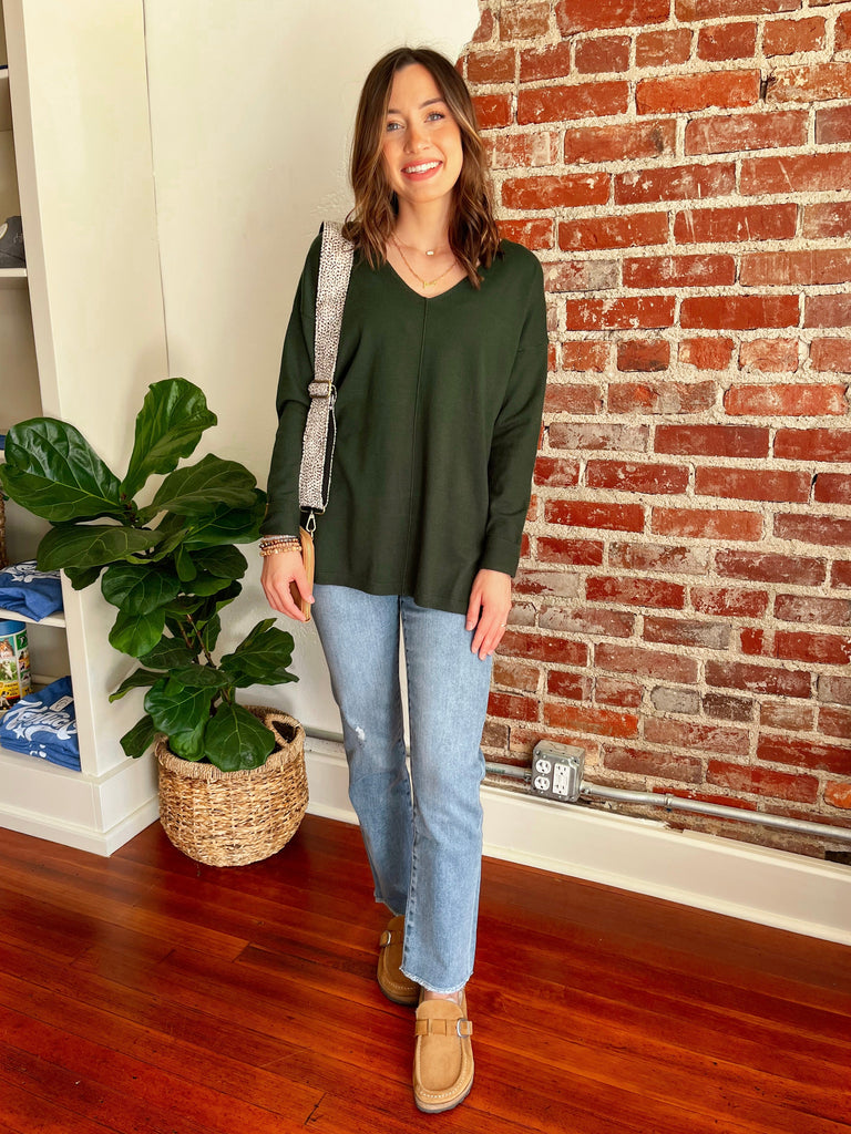 The Gilmore V-Neck Knit Top in Hunter Green-top-Carolyn Jane's Jewelry